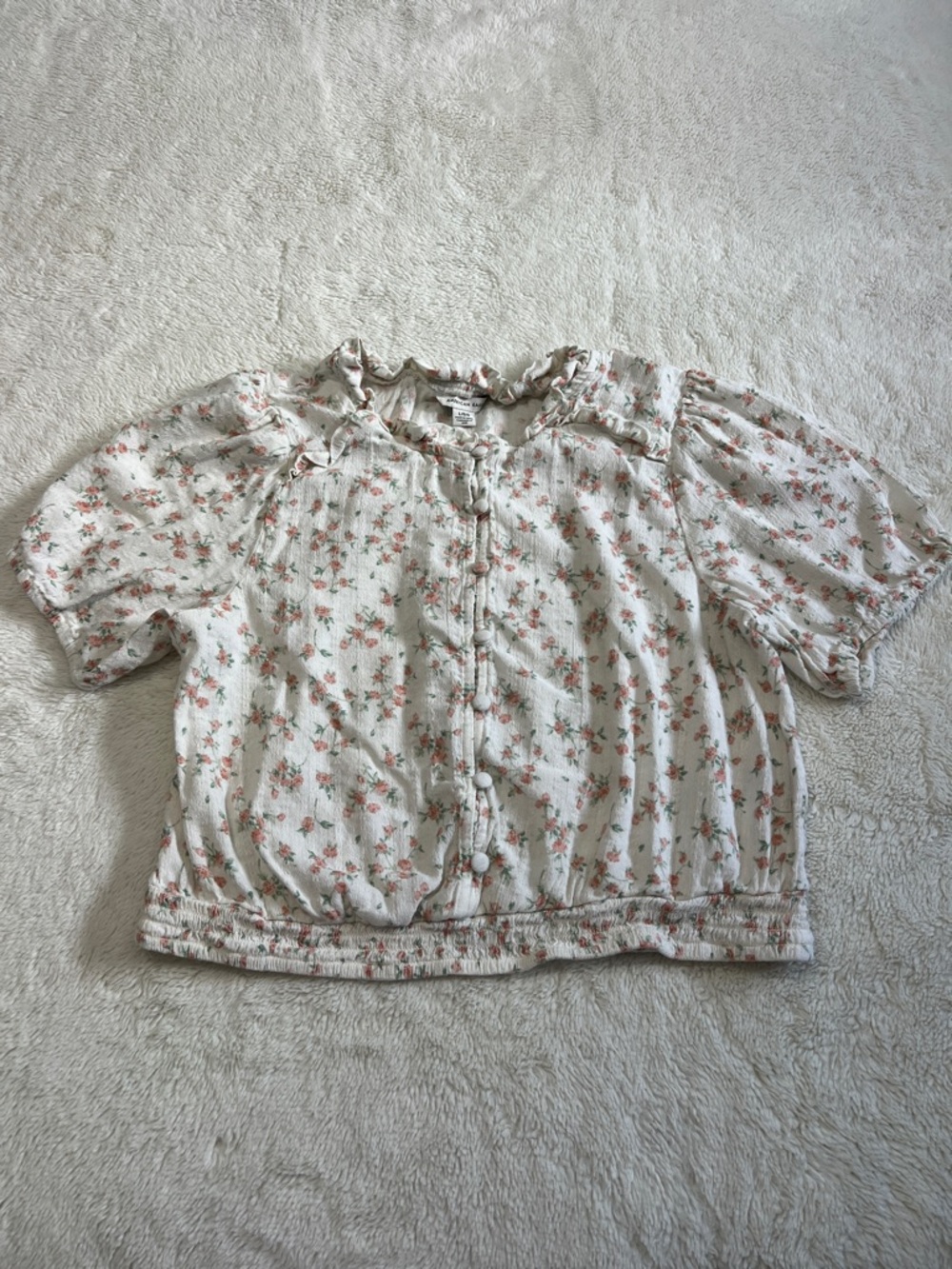 American Eagle Outfitters White Floral Button-Front Ruffle Top - Size Large